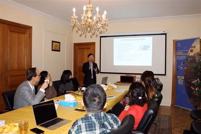 越南驻比利时和欧盟经济商务参赞陈玉君向比利时企业介绍了越南的投资营商环境。
