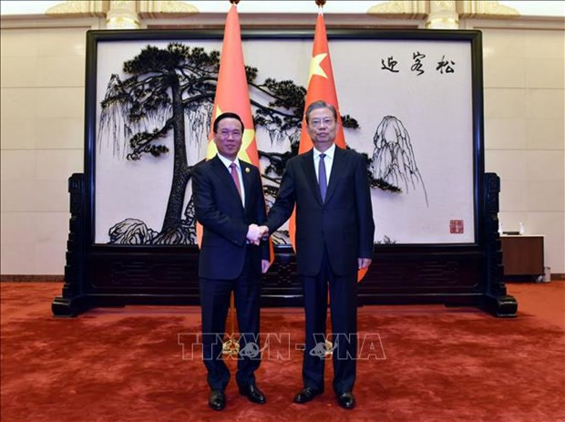 越南国家主席武文赏会见中国全国人大常委会委员长赵乐际。（图片来源：越通社）