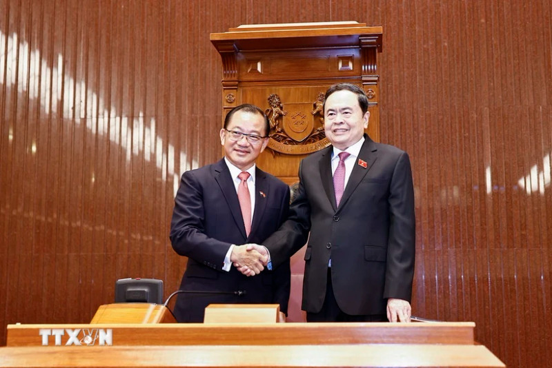 越南国会主席陈青敏会见新加坡国会议长谢建平。（图片来源：越通社）