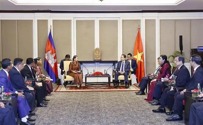 越南国会主席陈青敏会见柬越友好协会主席梅森安。