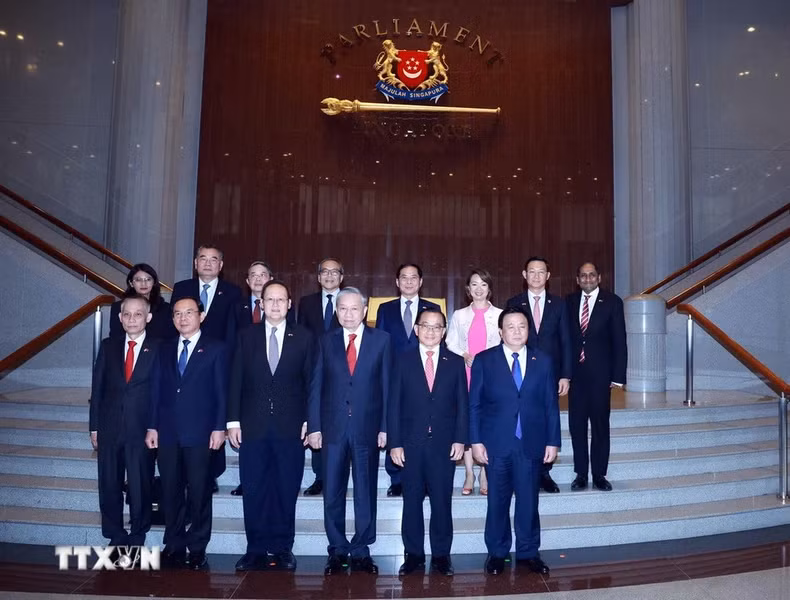 越共中央总书记苏林与新加坡国会议长谢健平和各位代表合影。