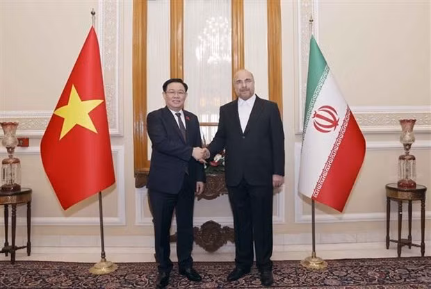越南国会主席王廷惠与伊朗议会议长穆罕默德·巴吉尔·卡利巴夫。