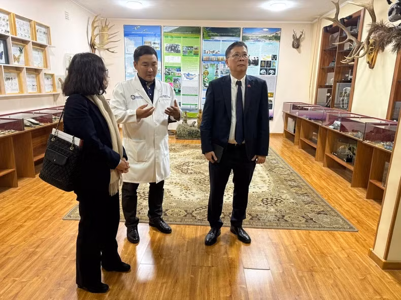 科学家参观蒙古国科学院生物多样性展示馆。