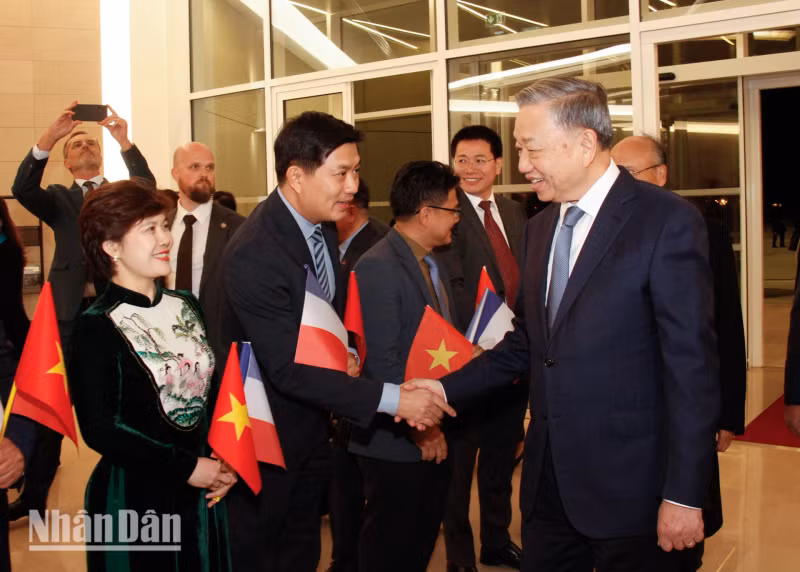 越南驻法国大使馆工作人员、旅法越侨代表来到机场迎接苏林总书记、国家主席一行。（凯旋 摄）