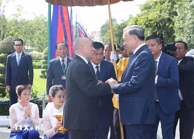 柬埔寨国王主持仪式欢迎越南国家主席苏林对柬埔寨进行国事访问。