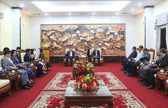 越南驻柬埔寨大使馆与柬埔寨人民党常务委员会代表团举行亲切会面交流活动。（图片来源：越通社）