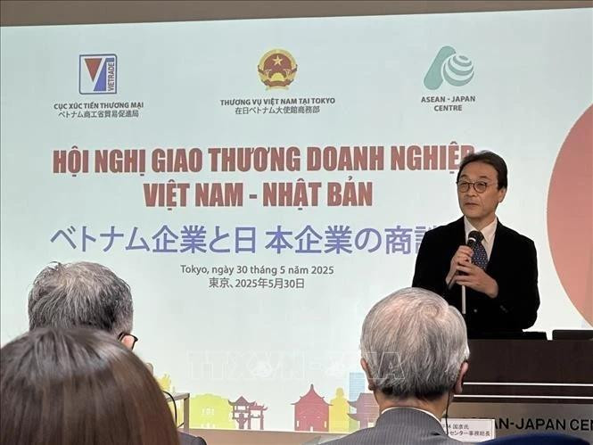 日本贸易振兴机构（JETRO）常务副理事长中沢刚之发表讲话。（图片来源：越通社）