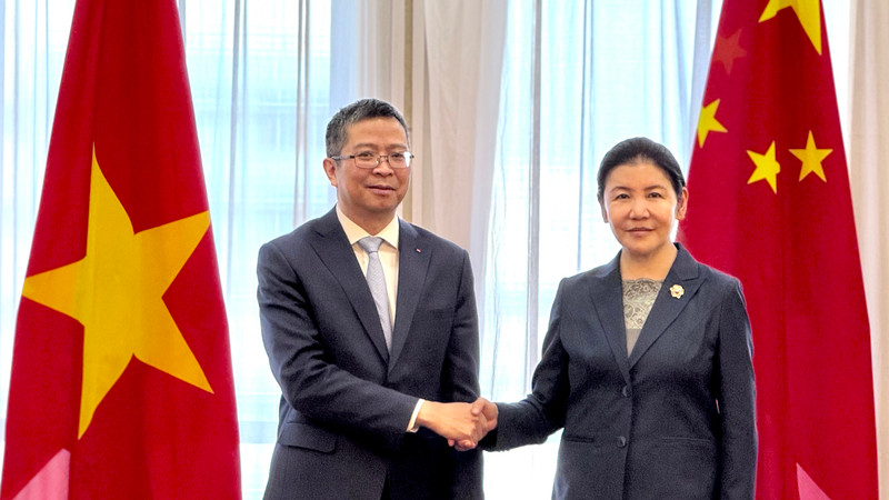 越南驻华大使范清平与中国司法部部长贺荣握手。