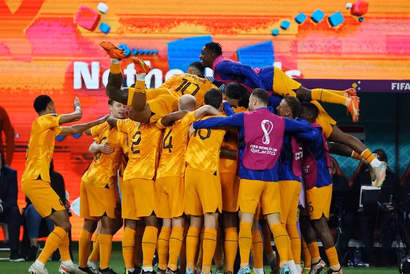 荷兰队庆祝胜利。