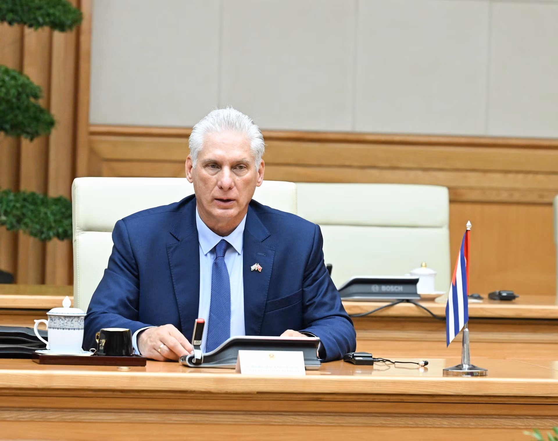 古巴共产党中央委员会第一书记、古巴共和国国家主席迪亚斯·卡内尔发表讲话。