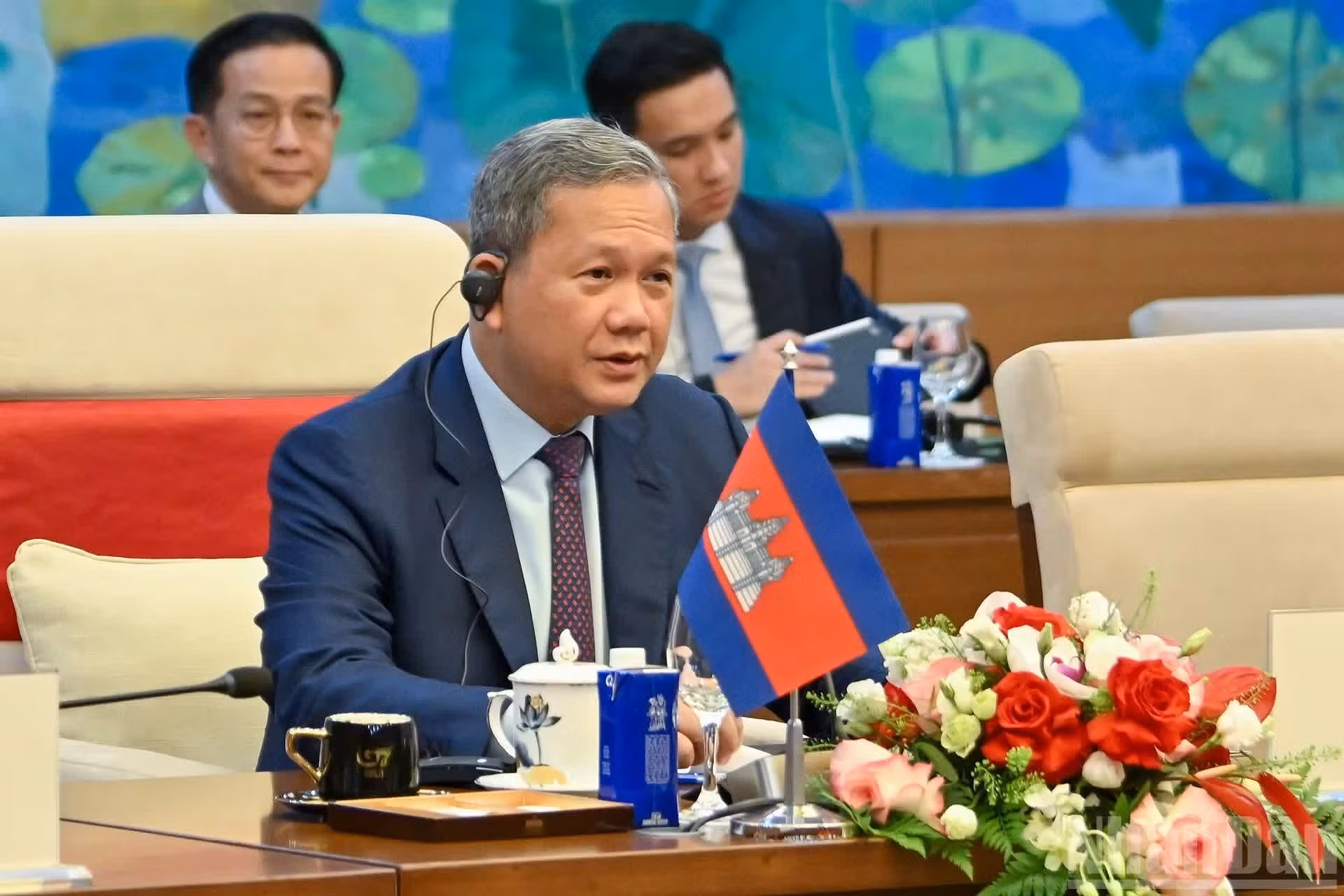柬埔寨首相洪玛奈发表讲话。