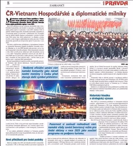 《Nasepravda》4月10日发表题为《捷越关系：经济和外交的亮点》的社论。（图片来源：越通社）