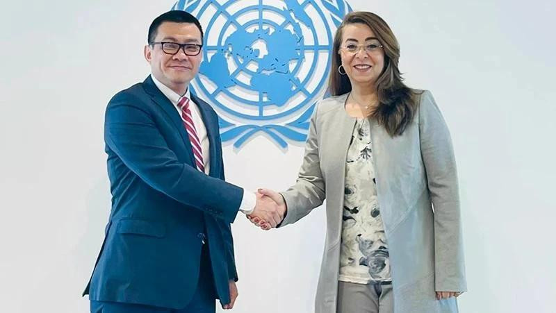 越南常驻奥地利维也纳联合国和其他国际组织代表团团长武黎泰黄大使与联合国副秘书长、联合国毒品和犯罪问题办公室执行主任加达·瓦利。（图片来源：越通社）