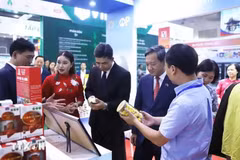 越南驻老挝大使阮明心、老挝工贸部副部长普塔万·南塔翁参观越南展区。（图片来源：越通社）