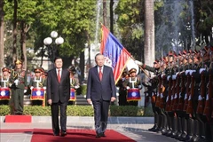 越共中央总书记苏林同老挝人民革命党中央总书记、国家主席通伦·西苏里。（图片来源：越通社）