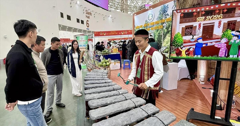 参观者在同奈省旅游展位欣赏石琴演奏。