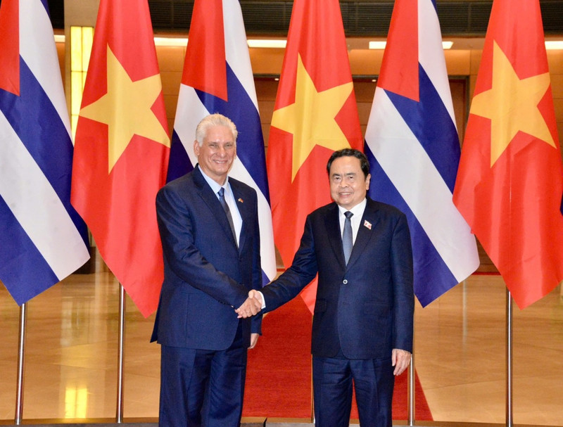 越南国会主席陈青敏会见古共中央第一书记、古巴国家主席迪亚斯-卡内尔。（图片来源：dangcongsan.vn）
