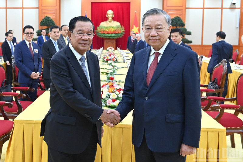 越共中央总书记苏林会见柬埔寨人民党主席、参议院主席洪森。