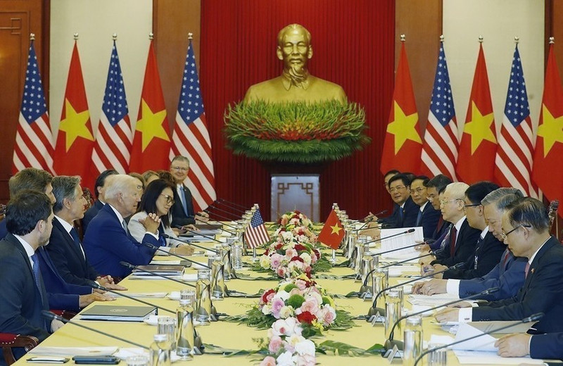 越共中央总书记阮富仲与美国总统乔·拜登于2023年9月10日下午在河内举行会谈。（图片来源：越通社）
