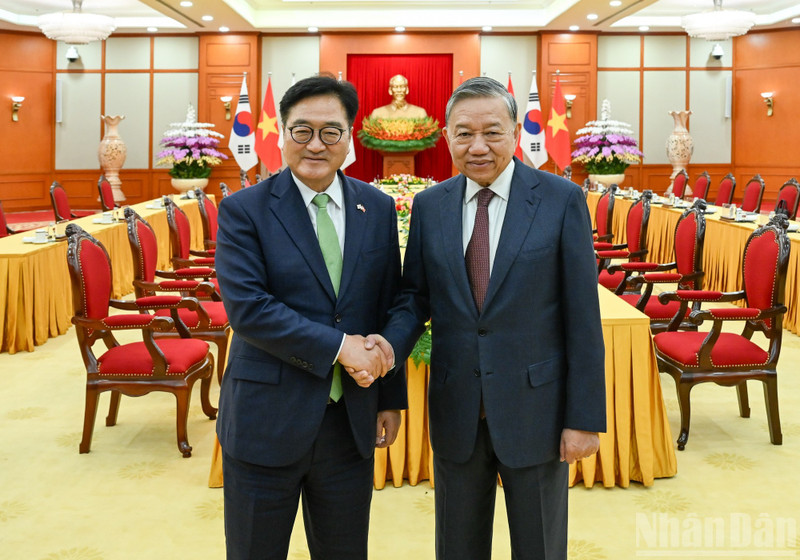 越共中央总书记苏林会见韩国国会议长禹元植。（维灵 摄）