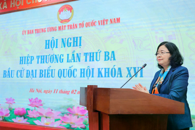 越南祖国阵线中央委员会主席、国家选举委员会副主席裴氏明怀在会议上发表讲话。