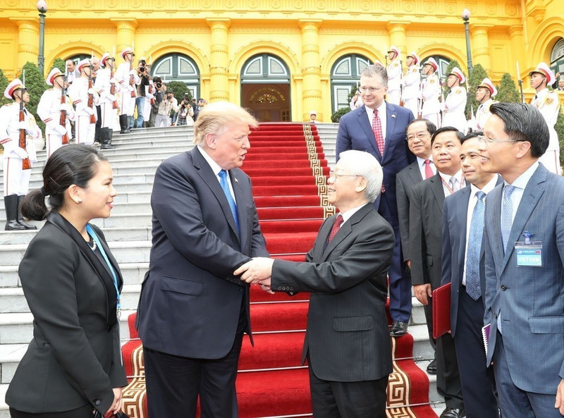 越共中央总书记、国家主席阮富仲于2019年2月27日在河内会见来越出席第二次美朝峰会的美国总统特朗普。