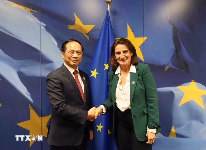 裴青山副总理同欧盟委员会清洁、公正和竞争力转型执行副主席特蕾莎·里贝拉合影。（图片来源：越通社）
