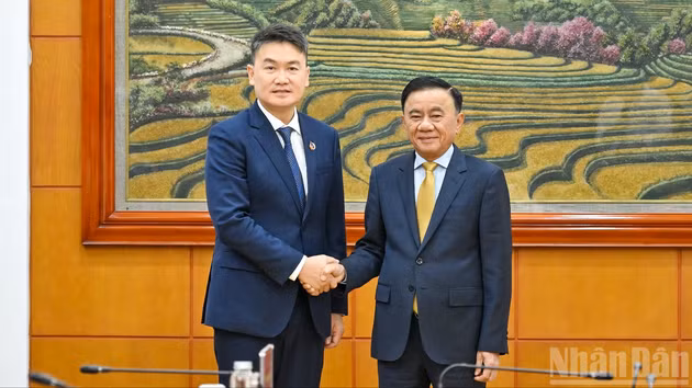 越共中央书记处常务书记陈锦秀与老挝人民革命青年团中央书记处书记通力·西苏里握手。