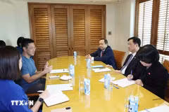 越共中央政治局委员、中央书记处书记、中央组织部部长阮维玉与新加坡政府科技局政府开源科技部主管李鸿毅进行了工作会晤。（图片来源：越通社）