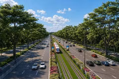 轻轨线路沿ĐT.975省道运行，是富国岛正在同步推进的基础设施建设中的重要一环。（效果图：太阳集团供图）