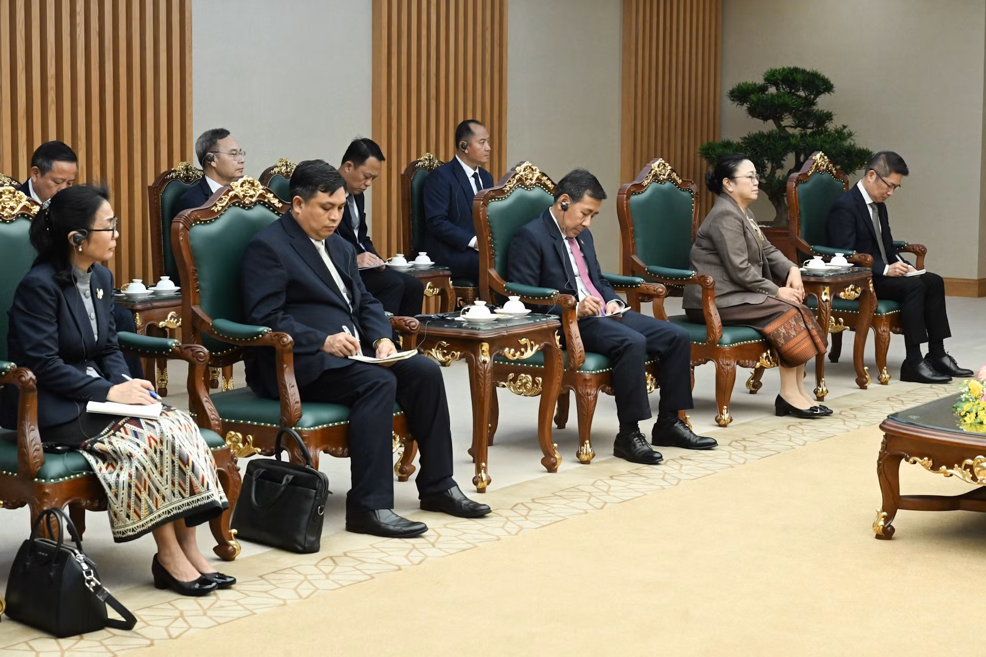 陪同老挝外交部长通沙万·丰威汉出席会见的各位代表。