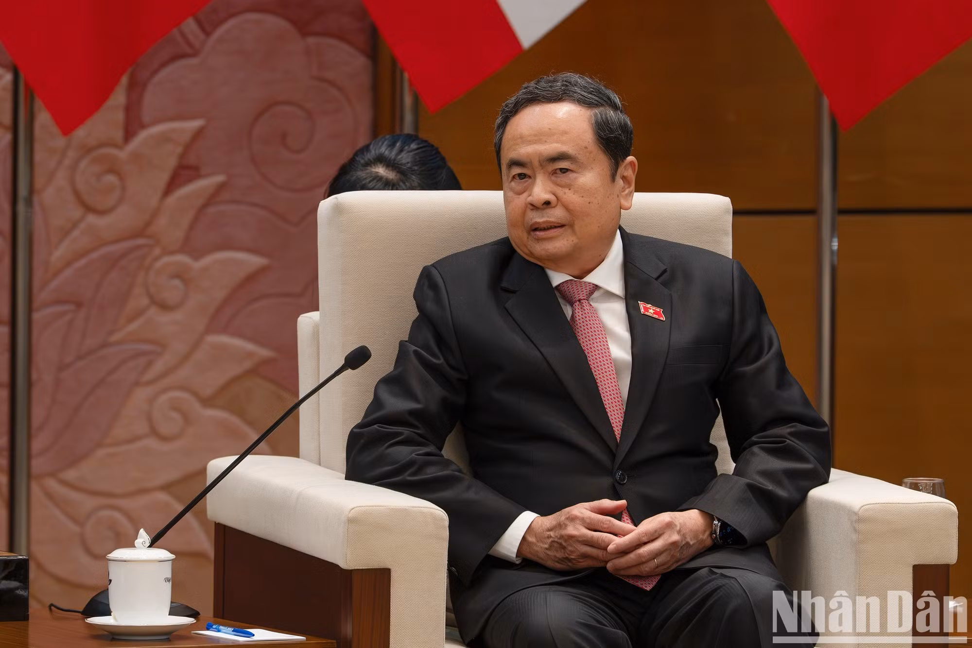 越南国会主席陈青敏在会见时发表讲话。