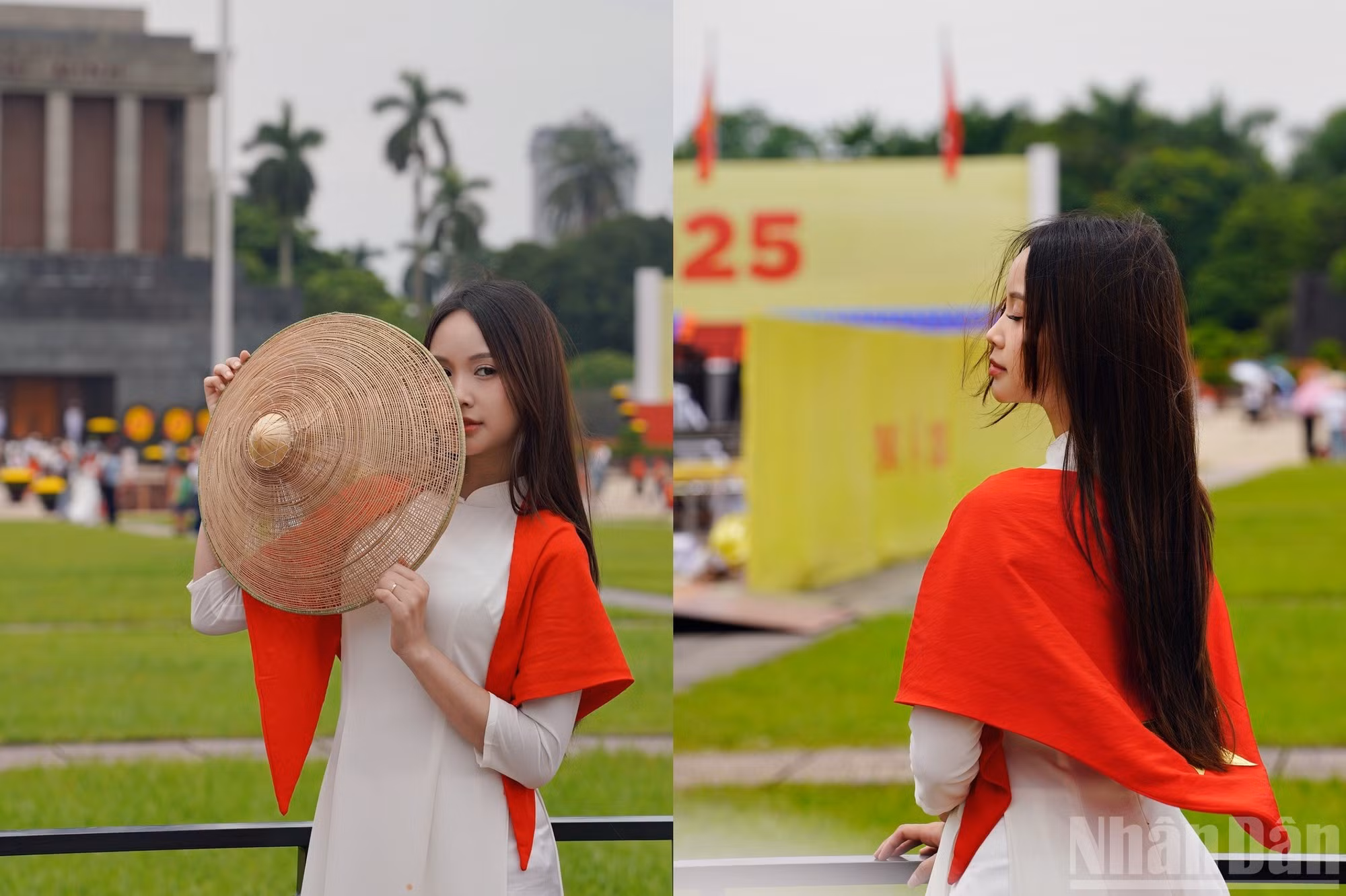 穿着白色奥黛的一名年轻人。