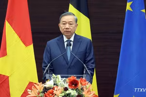 越共中央总书记、国家主席苏林在埃格蒙特皇家国际关系研究所发表施政演讲。（图片来源：越通社）
