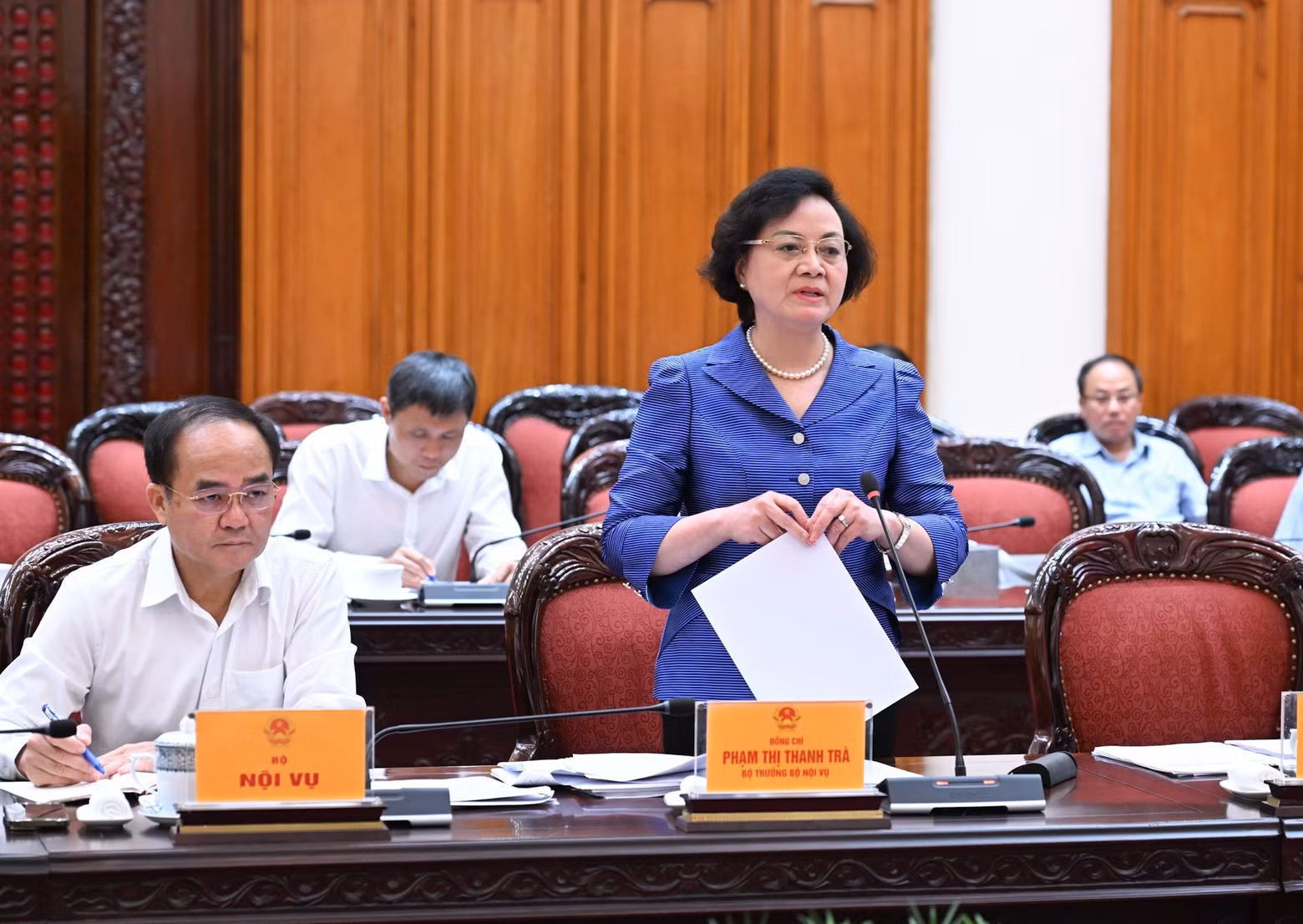 内务部部长范氏青茶发表讲话。