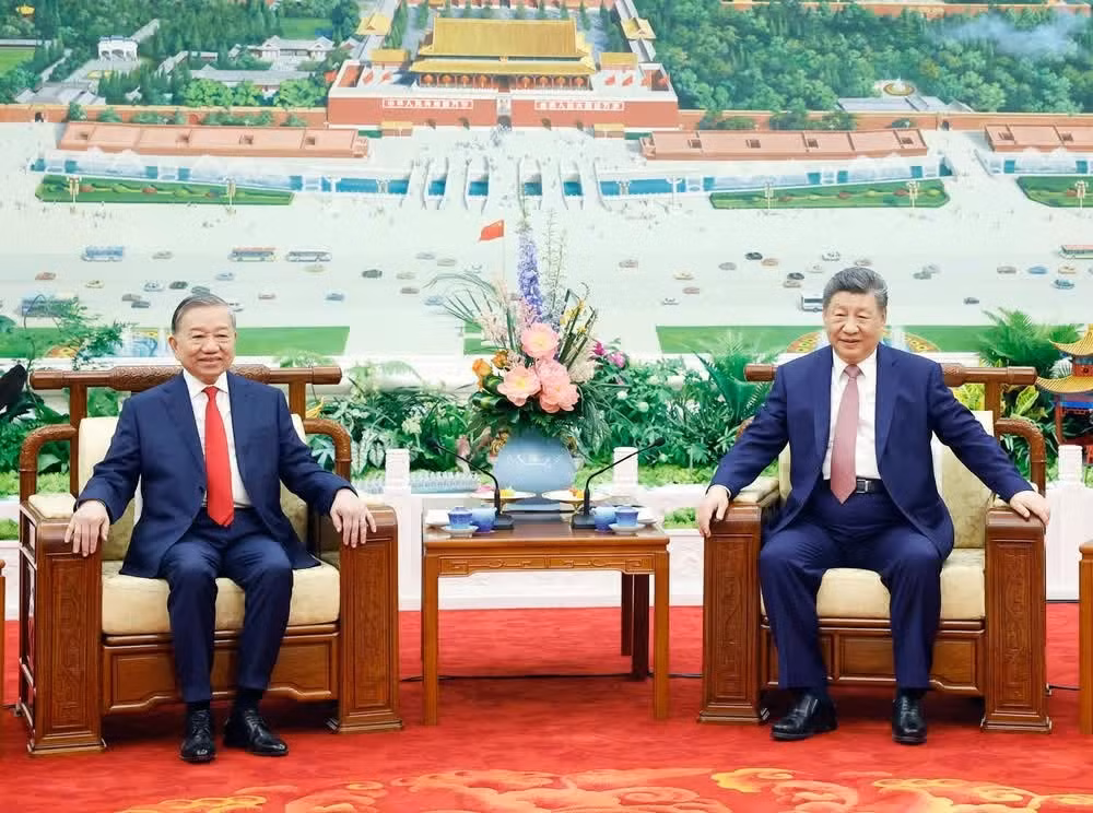 越共中央总书记、越南国家主席苏林同中共中央总书记、中国国家主席习近平进行茶叙。