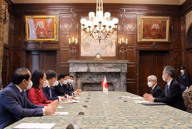 越共中央政治局委员、中央书记处书记、中央组织部部长、越南-日本友好议员小组主席张氏梅会见日本参议院议长尾辻秀久。