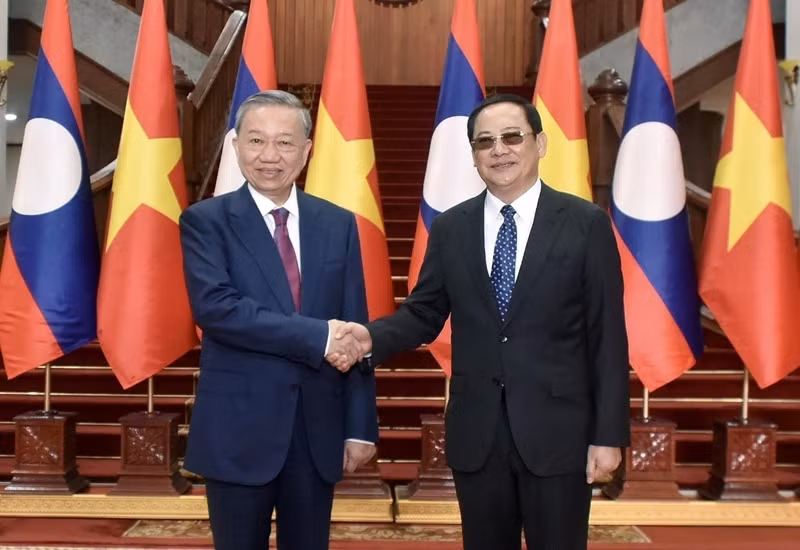 越南国家主席苏林会见老挝总理宋赛·西潘敦。（图片来源：dangcongsan.vn）