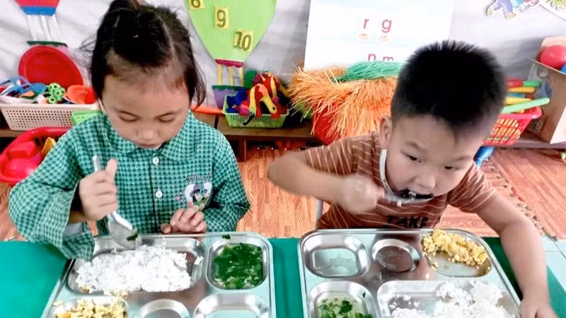 在那沆县生龙乡汪龙（Vằng Loóng）幼儿园学生的营养午餐。