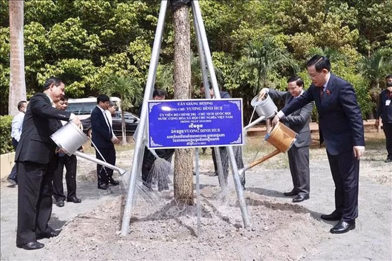 国会主席王廷惠和各位代表在新边橡胶加工厂种植纪念树。