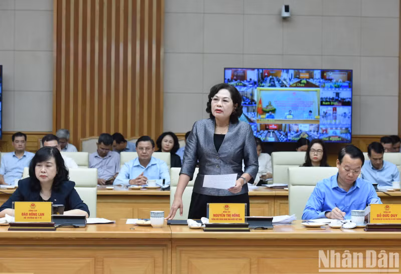 国家银行行长阮氏红发表讲话。