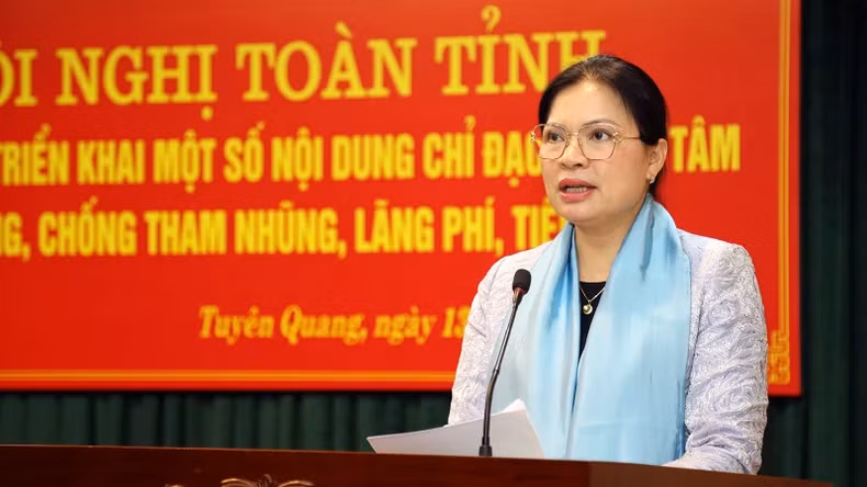 越共中央委员、宣光省省委书记何氏娥发表讲话。