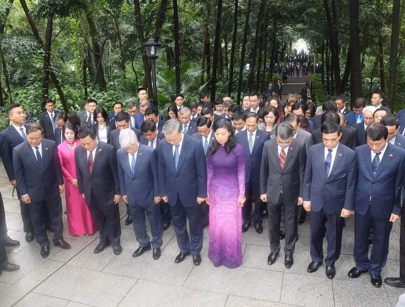 越共中央总书记、国家主席苏林和夫人及越南代表团缅怀范鸿泰烈士。（图片来源：越通社）