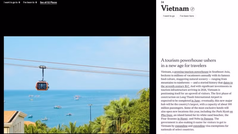 《纽约时报》在介绍越南时所配发的富国香岛跨海缆车画面。