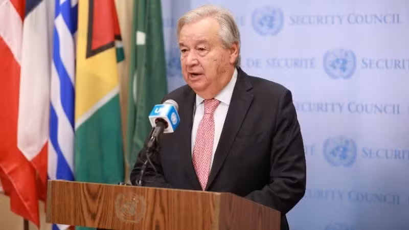 联合国秘书长安东尼奥·古特雷斯在美国纽约举行的新闻发布会上发表讲话。 