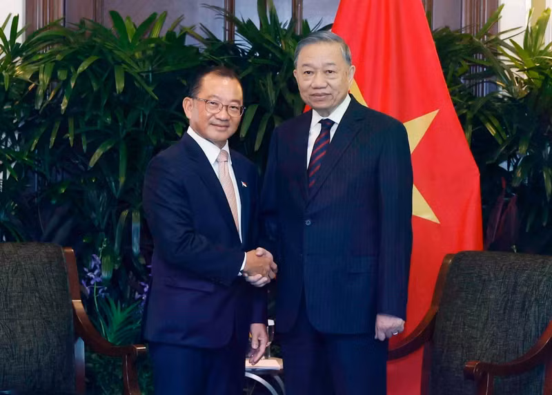越共中央总书记、国家主席苏林会见新加坡国会议长谢健平。