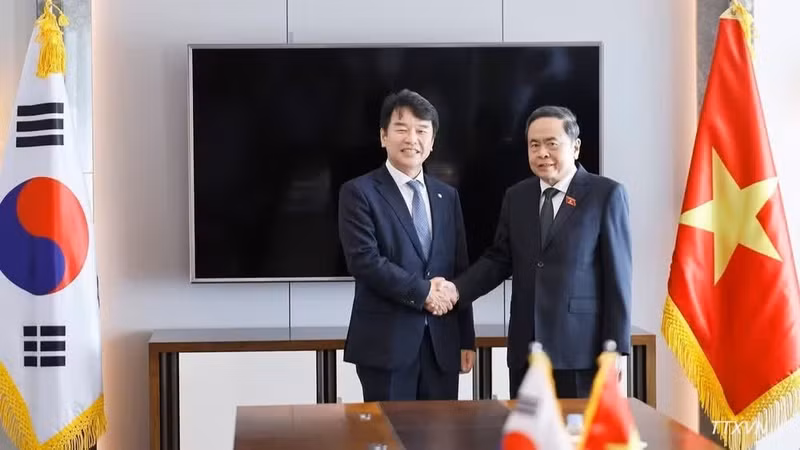 越南国会主席陈青敏在首尔与韩越友好议员小组主席文振硕。（图片来源：越通社）