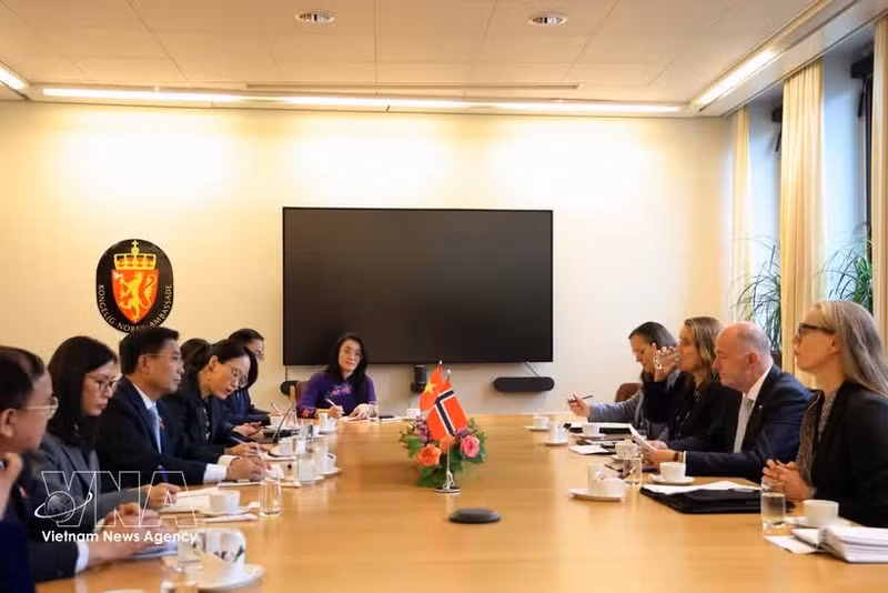 越南国会副主席阮尹英与挪威议会第一副议长莫滕·斯托达伦举行会谈。（图片来源：越通社）