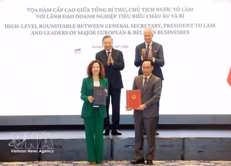 越共中央总书记、国家主席苏林见证合作协议签署。（图片来源：越通社）