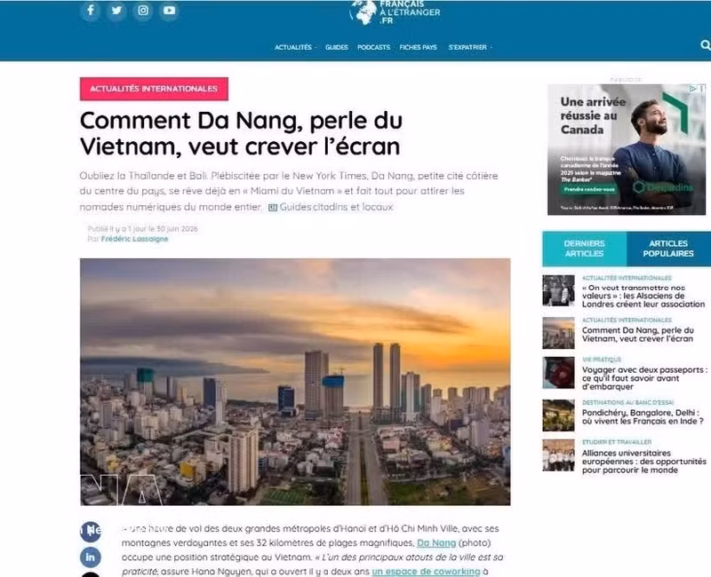 发表于法国电子杂志《海外法国人》（*Journal des Français à l'étranger*）的相关文章。（图片来源：越通社）